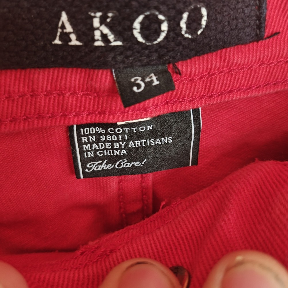 Akoo red cotton denim jeans size 34 32" inseam [Needs Cleaning] Button Fly - Picture 3 of 9
